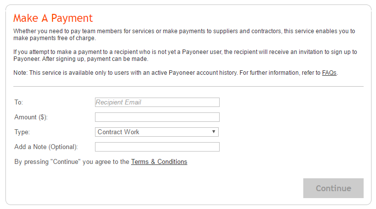 print screen of the make a payment payoneer screen