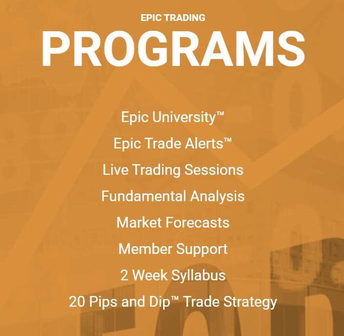 A screenshot from the epic trading website of the various programs they claim to offer.
