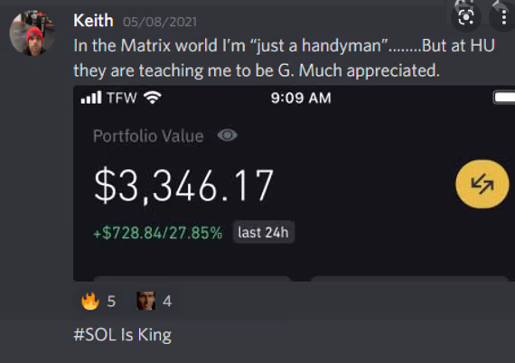 A screenshot from a user named Keith showing his winning trade inside the Hustlers University discord.