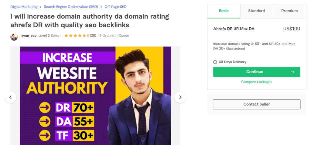 A screenshot of a Fiverr gig from an Asian gentleman offering domain rank and domain authority boosting.